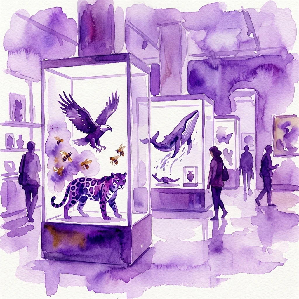 Ilustración en acuarela de una galería de museo con vitrinas que presentan animales simbólicos: un jaguar, águila, abejas y una ballena, que representan un significado cultural y ritual.