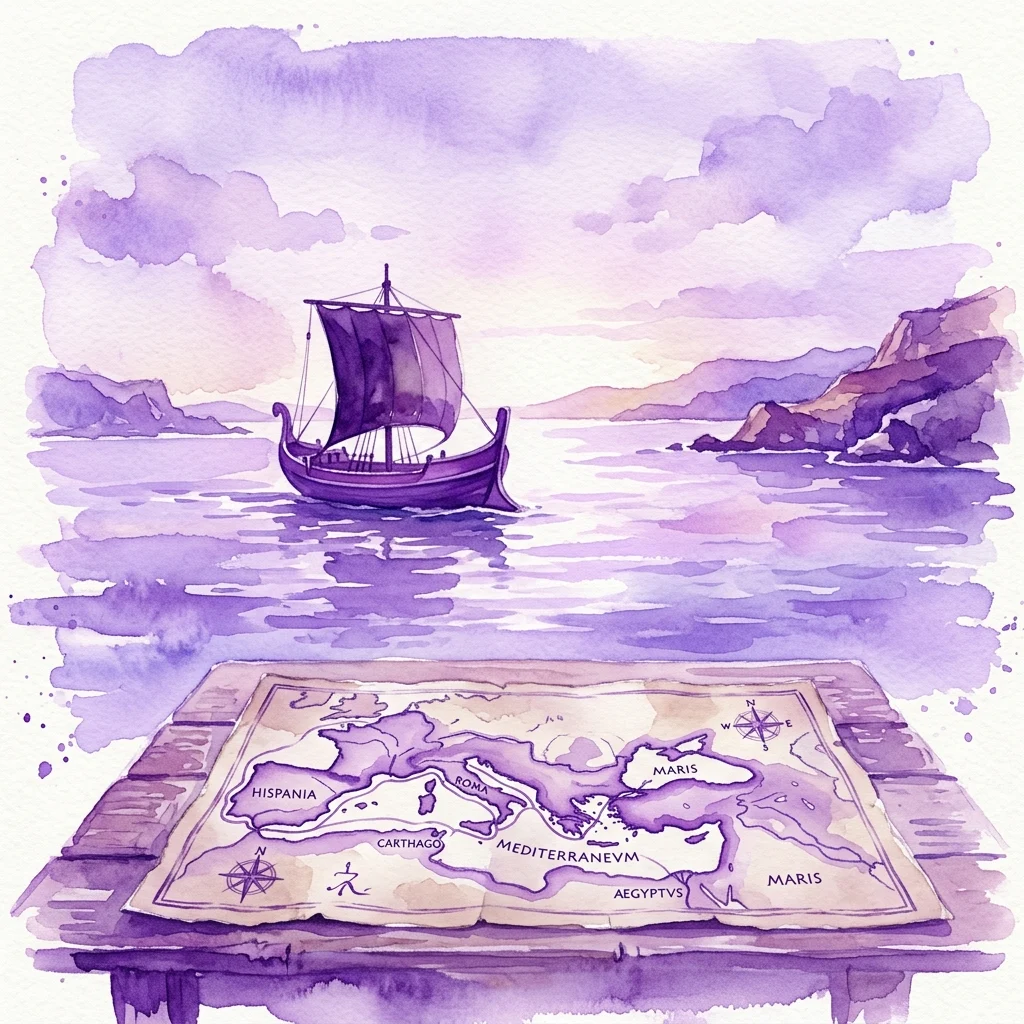 Una ilustración en acuarela de un antiguo barco navegando en un mar en calma, con un mapa detallado del Mediterráneo sobre una mesa de madera en primer plano, evocando el tema de la exploración y el comercio marítimo antiguo.