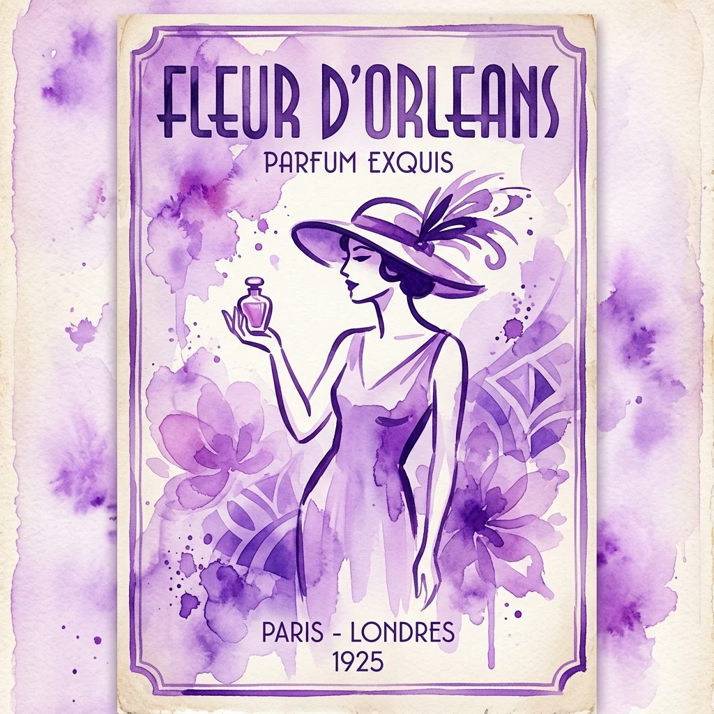 Reklama plakatu perfum z 1925 roku dla Fleur d'Orleans Parfum Exquis, przedstawiająca stylizowaną kobietę w kapeluszu z szerokim rondem trzymającą butelkę perfum, z fioletowymi akwarelowymi elementami kwiatowymi i napisem 'Paryż - Londyn'.