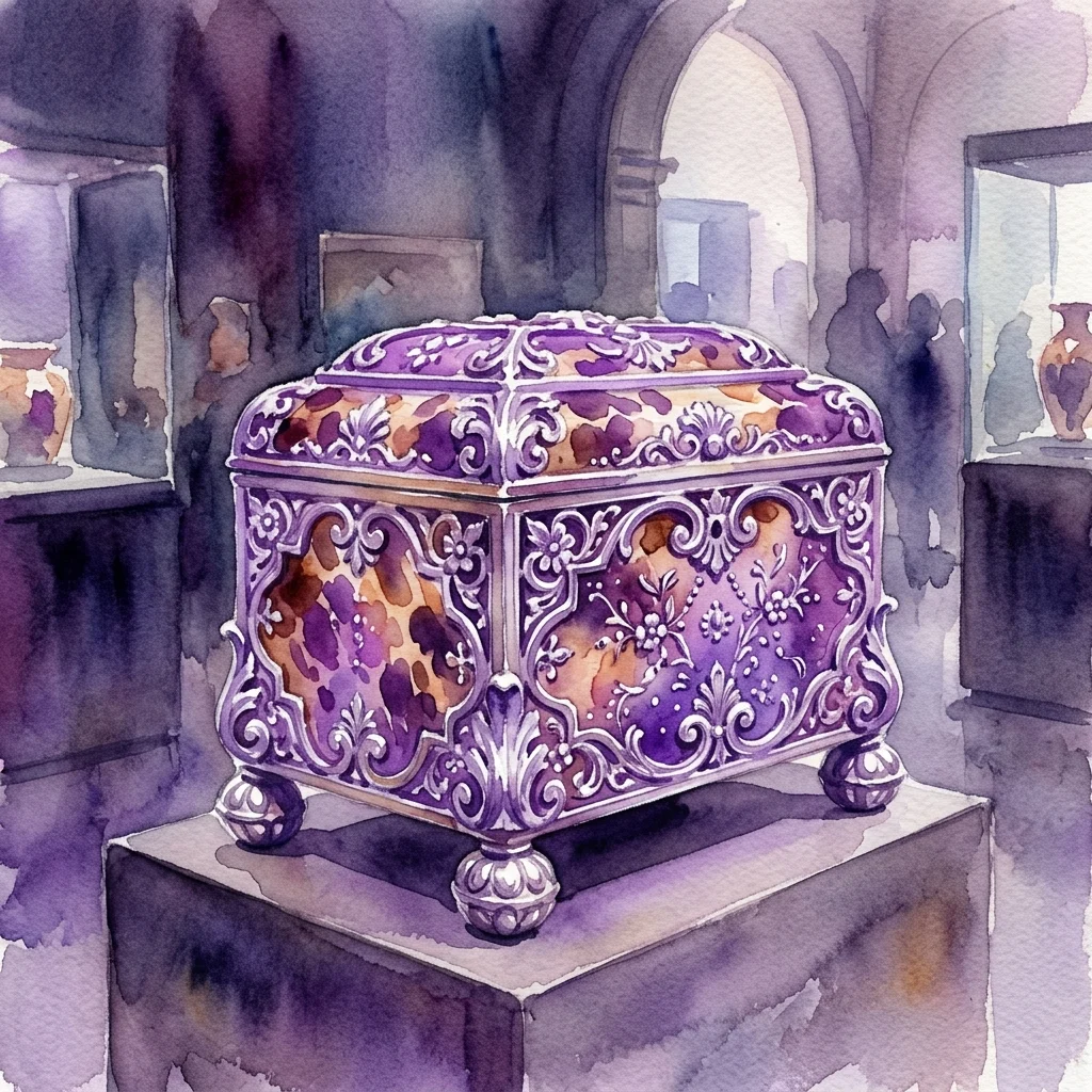 Una ornamentada caja del siglo XVII de carey y plata, con intrincados motivos florales y pies esféricos, expuesta sobre un pedestal en una galería de museo.
