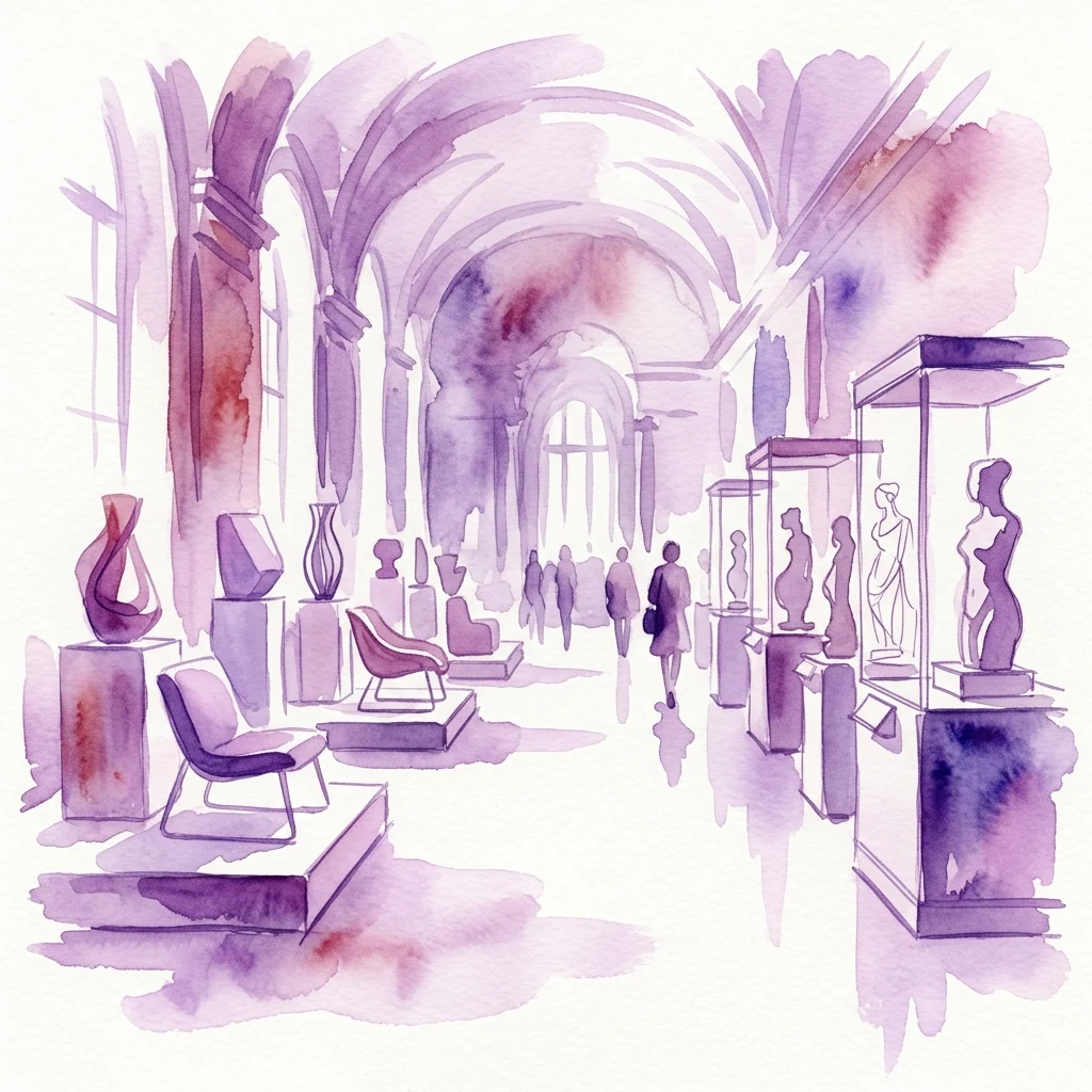 Ilustracja akwarelowa galerii muzealnej prezentującej nowoczesne dzieła designu i historyczne artefakty w dialogu, z odwiedzającymi zwiedzającymi przestrzeń wystawienniczą.
