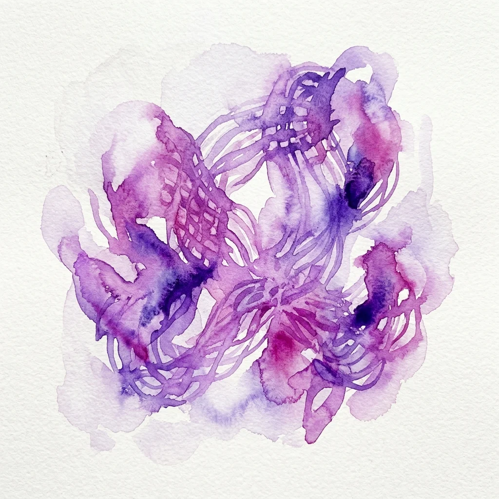 Obra de arte abstracta en acuarela en tonos púrpuras y magenta, con formas orgánicas tejidas sobre papel texturizado, evocando el arte textil de Aurèlia Muñoz.