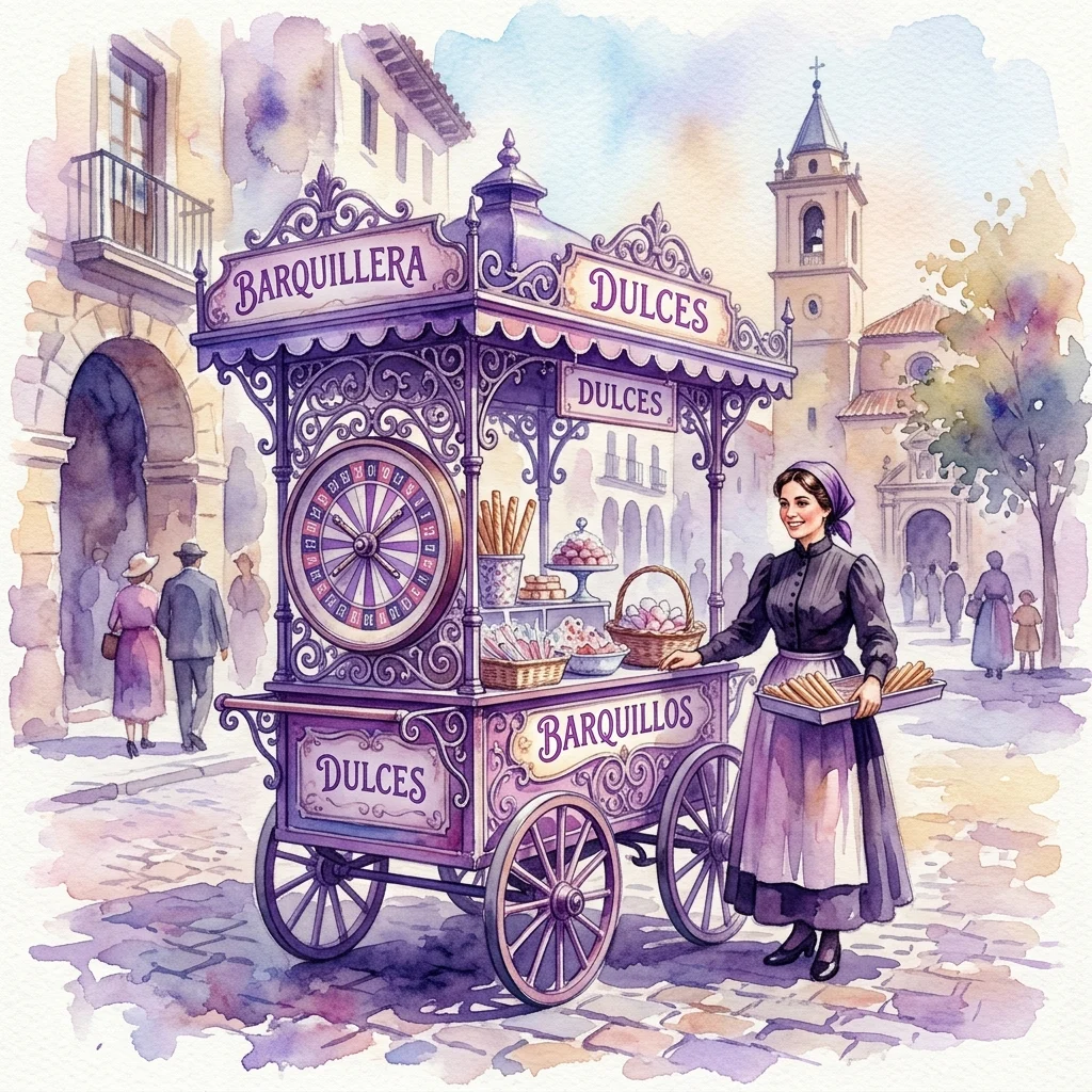 Watercolor illustration of a vintage barquillera cart from around 1900, featuring ornate metalwork, a roulette wheel, and signs for 'Dulces' and 'Barquillos', with a vendor in period attire on a Spanish street.