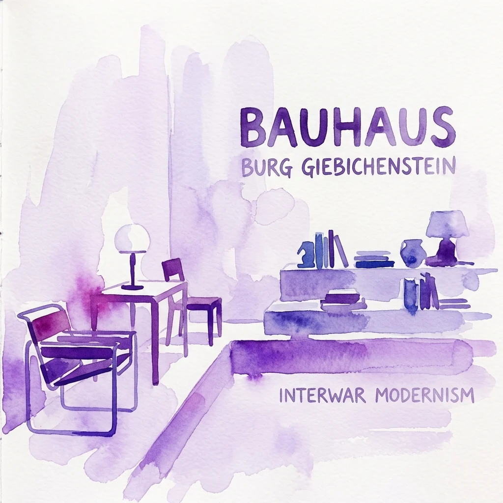 Ilustracja akwarelowa minimalistycznego wnętrza z okresu modernizmu międzywojennego z obiektami wzorniczymi Bauhausu i Burg Giebichenstein, w tym meblami, lampami i książkami, w odcieniach fioletu.