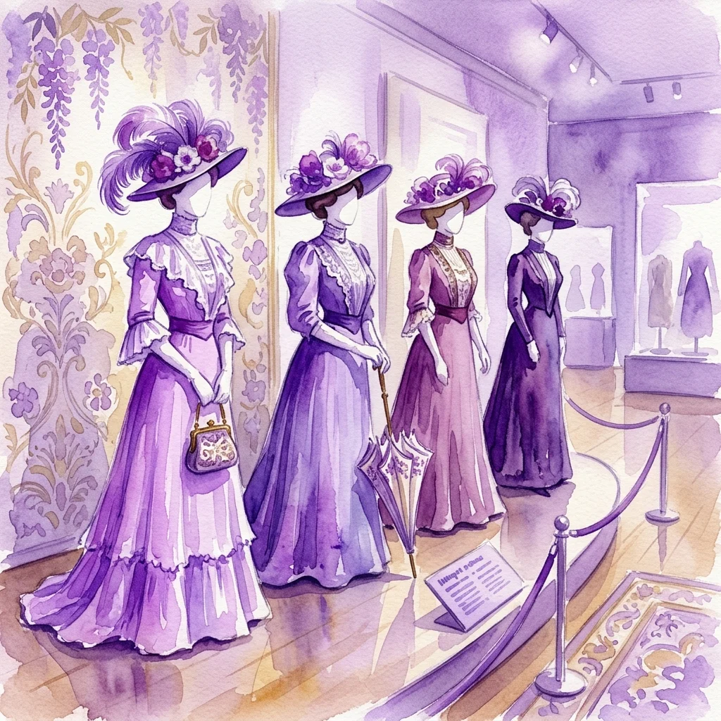 Ilustracja akwarelowa wystawy mody Belle Époque przedstawiająca cztery manekiny w eleganckich sukniach, kapeluszach i akcesoriach z lat 1900., prezentowane w galerii muzealnej z tapetą z epoki i barierami na sznurach.