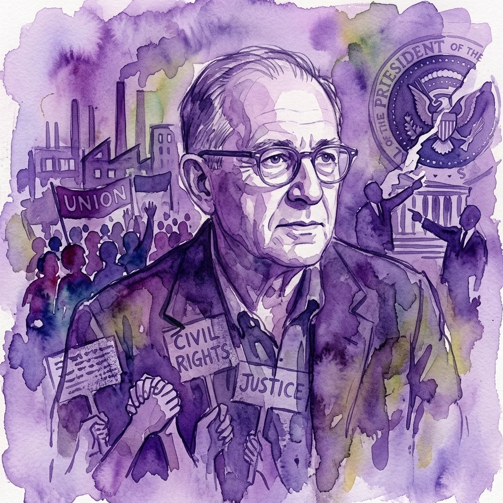 Waterverfportret van Ben Shahn, een Amerikaanse sociaal-realistische kunstenaar, met symbolische elementen zoals vakbonden, burgerrechten, gerechtigheid en het Amerikaanse presidentiële zegel, die zijn activisme en artistieke focus op sociale kwesties weerspiegelen.
