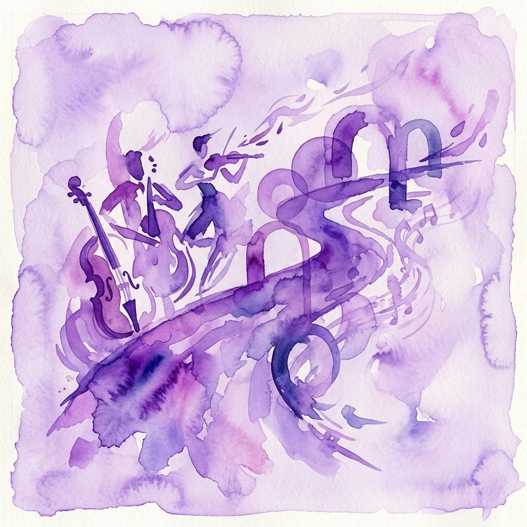 A purple watercolor illustration depicting musicians with cello and violin, abstract musical notes, and swirling forms, representing the BoCA 2025: Camino Irreal festival.