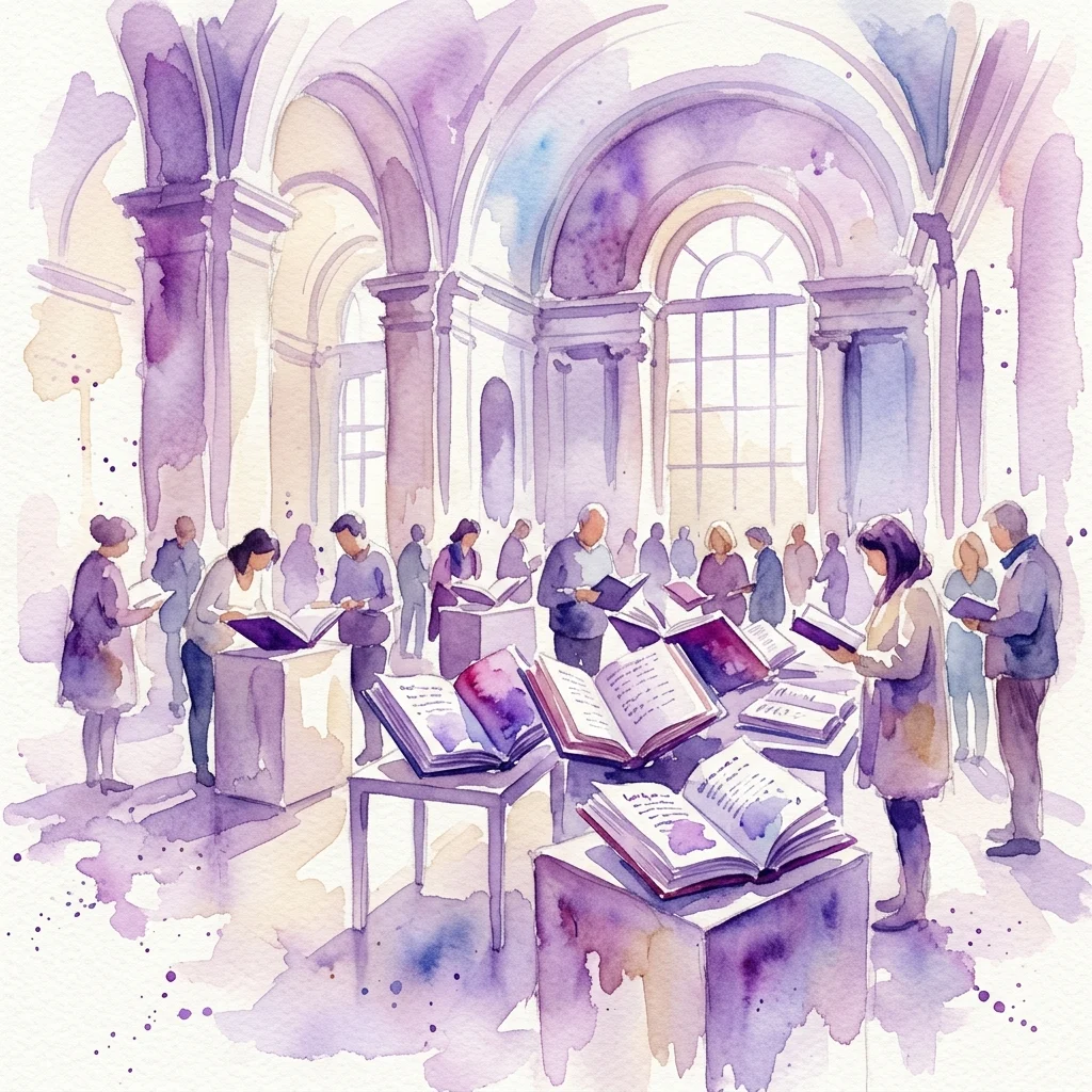 Watercolor illustration of visitors exploring open books displayed on tables in a grand museum hall with arched ceilings and columns.