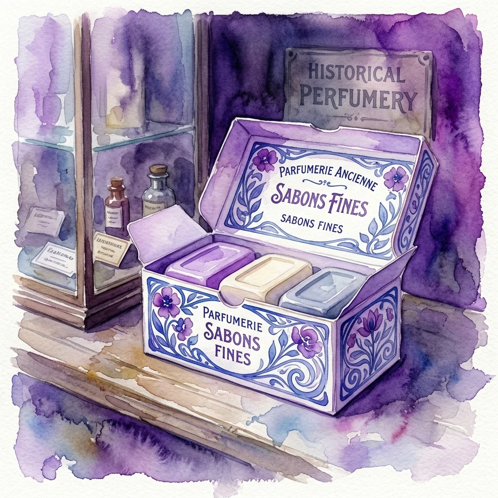 Een aquarelillustratie van een vintage kartonnen zeepdoos met het opschrift 'Parfumerie Ancienne Sabons Fines' en art nouveau bloempatronen, tentoongesteld in een museumomgeving met een bord 'Historical Perfumery'.