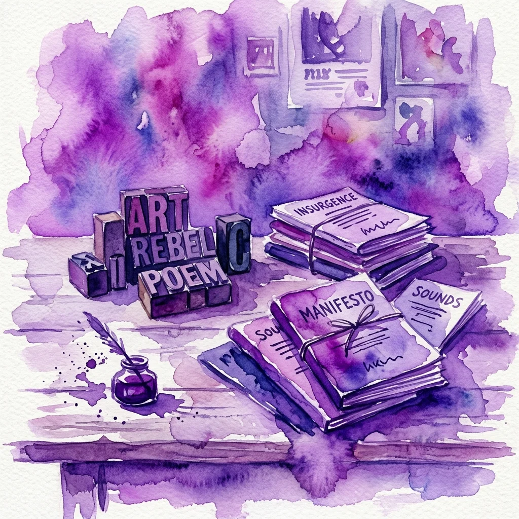 Ilustración en acuarela de bloques de impresión vintage, libros titulados 'Art', 'Rebel', 'Poem', 'Insurgence', 'Manifesto' y 'Sounds' sobre un escritorio de madera, evocando la rebelión creativa de los años 60.