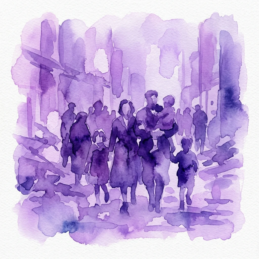 Een paarse aquarelillustratie die een groep mensen, waaronder volwassenen en kinderen, toont die samen lopen in een sombere, abstracte stijl.
