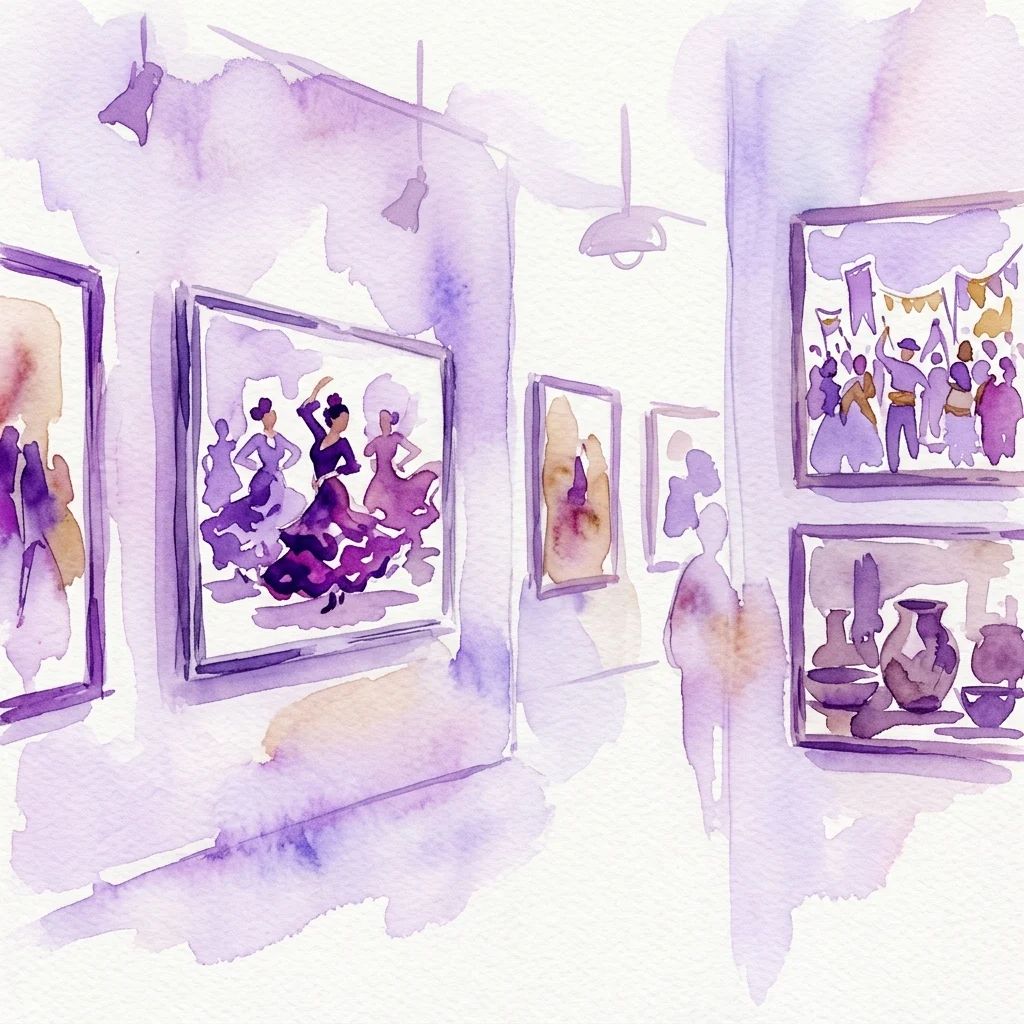 Watercolor illustration of an art gallery displaying photographs of Spanish flamenco dancers, festivals, and traditional crafts, representing the Certamen de Fotografía sobre Cultura Popular 2010.