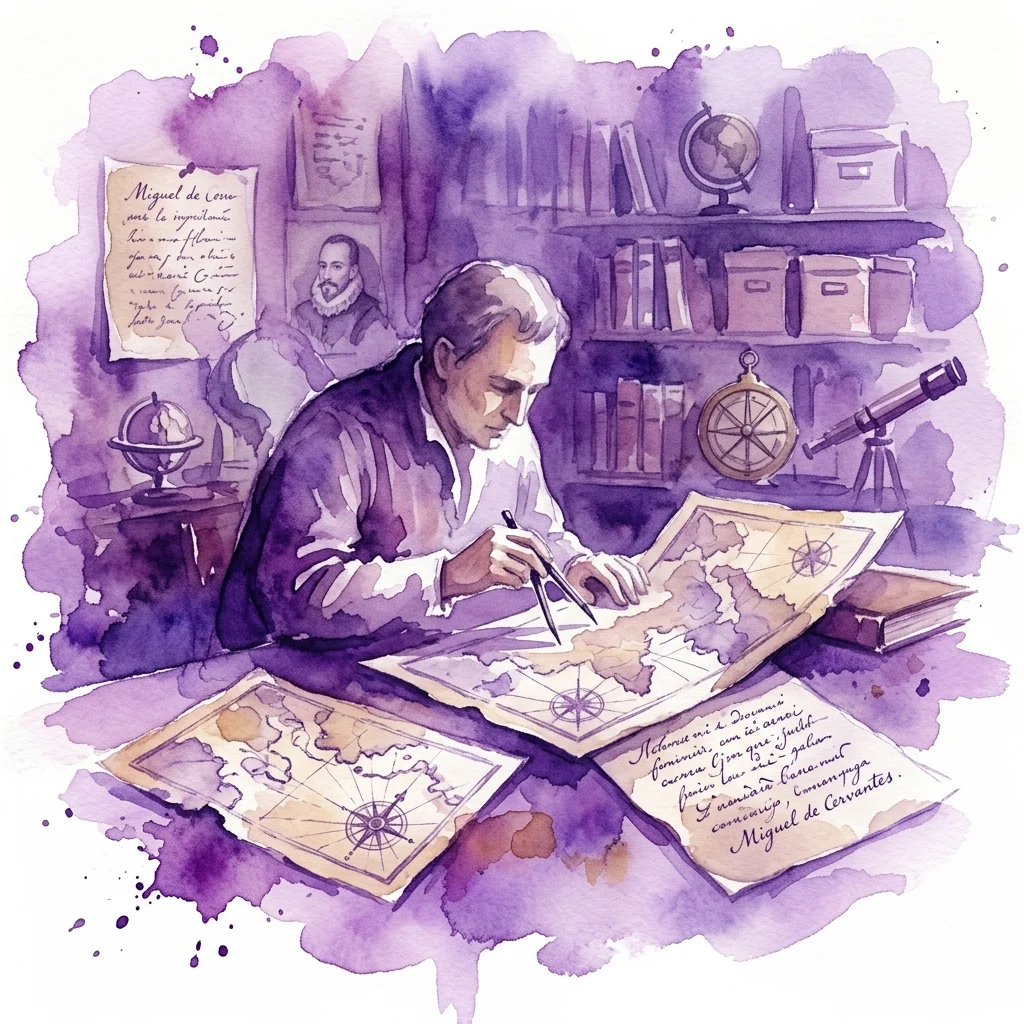Ilustracja akwarelowa przedstawiająca uczonego badającego historyczne mapy i dokumenty w słabo oświetlonym gabinecie, otoczonego instrumentami naukowymi i portretem Miguela de Cervantesa, nawiązująca do tematu naukowego śledztwa w życiu Cervantesa.