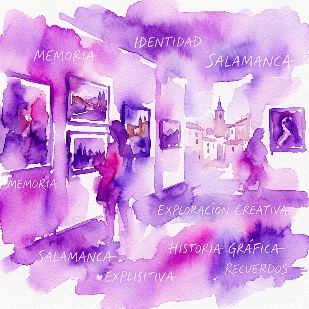 Ilustración en acuarela de una exposición de arte con siluetas de visitantes contemplando fotografías. Los elementos de texto incluyen 'MEMORIA', 'IDENTIDAD', 'SALAMANCA', 'EXPLORACIÓN CREATIVA', 'HISTORIA GRÁFICA' y 'RECUERDOS', reflejando temas de memoria, identidad y exploración creativa en la obra de Juan Manuel Castro Prieto.