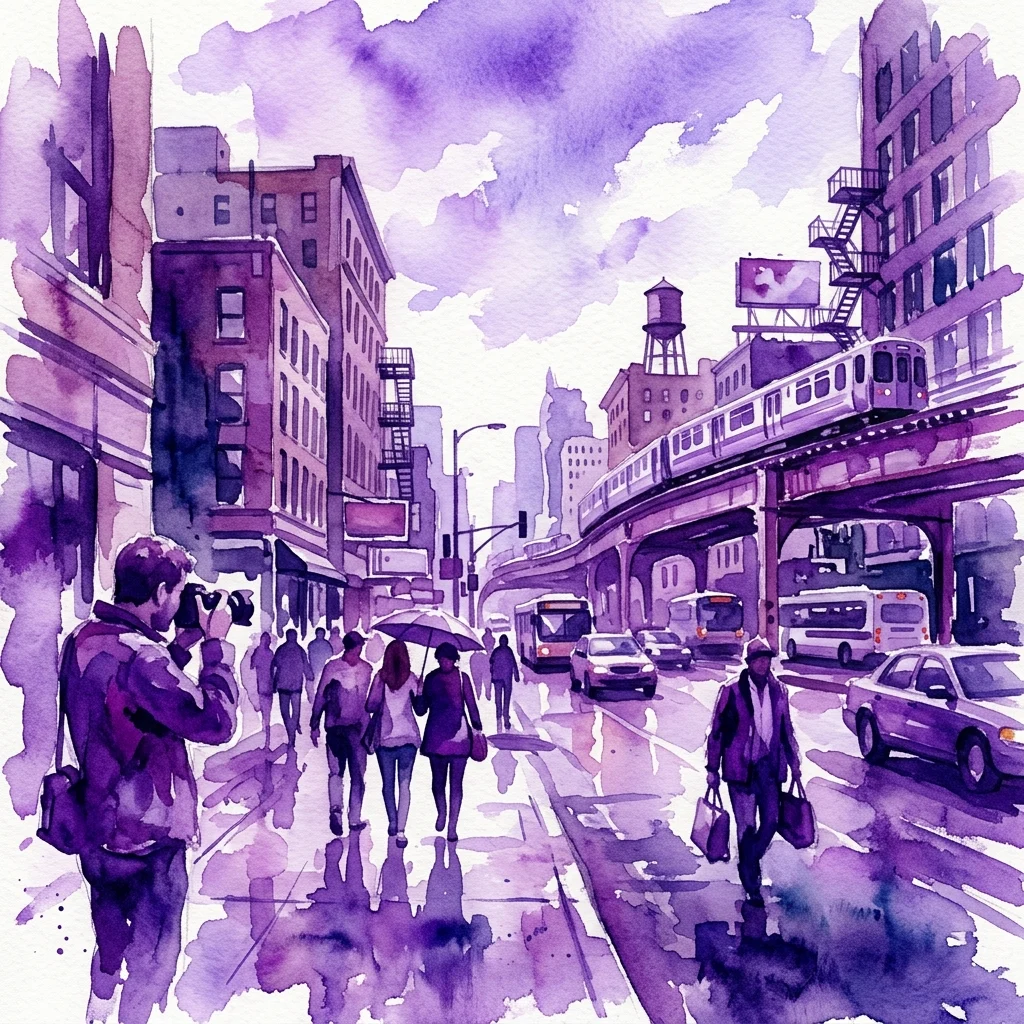 Ilustracja akwarelowa tętniącej życiem ulicy w Chicago z przechodniami, fotografem uchwycającym chwilę, podniesionymi torami kolejowymi i niebem zabarwionym na fioletowo, odzwierciedlająca miejską dynamikę miasta.