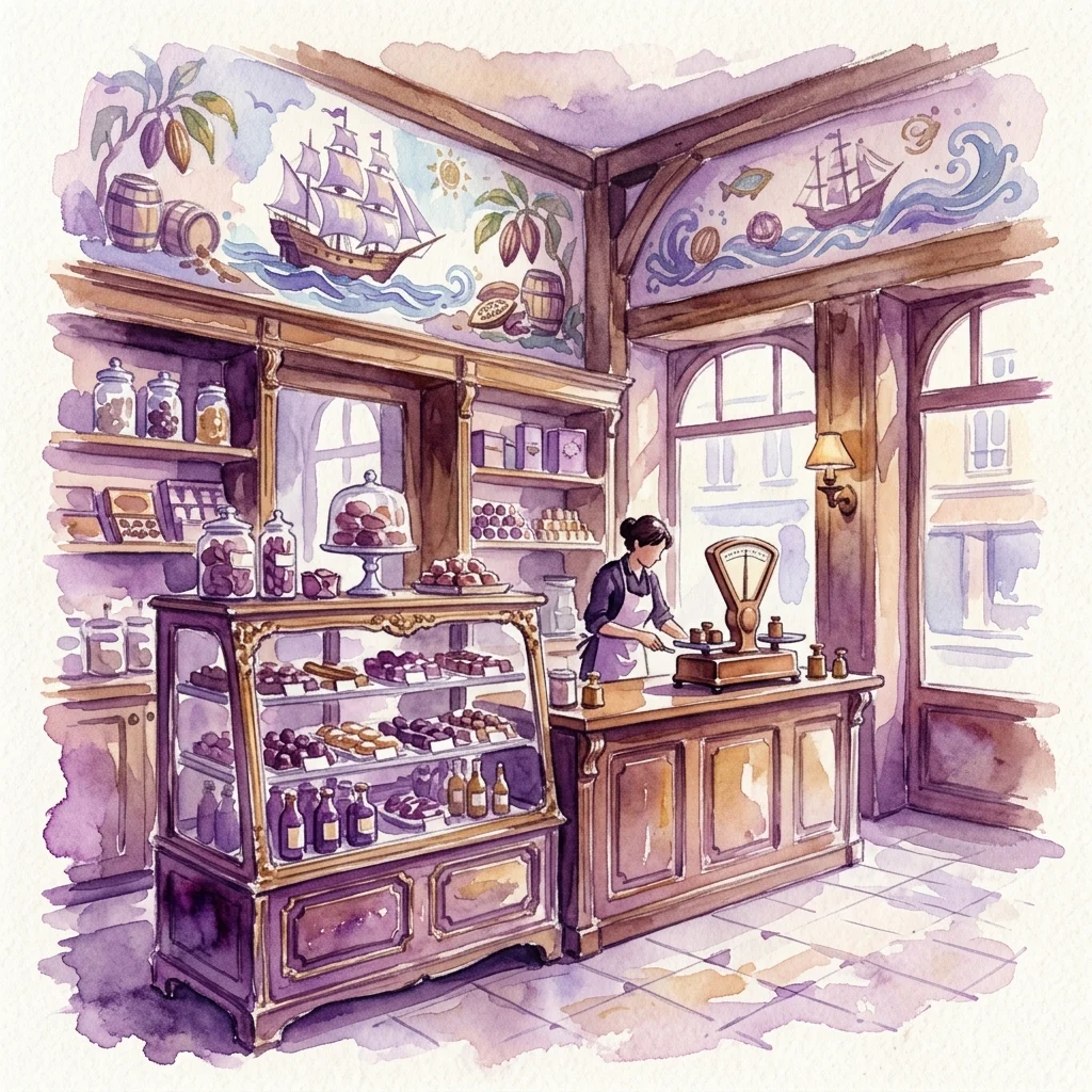 Ilustracja akwarelowa wnętrza tradycyjnej madryckiej cukierni ze specjalnością czekoladową, z ozdobnymi drewnianymi gablotami, zabytkową wagą na ladzie i malowanymi muralami przedstawiającymi statki i handel kakao, wywołująca nostalgiczną, rzemieślniczą atmosferę.