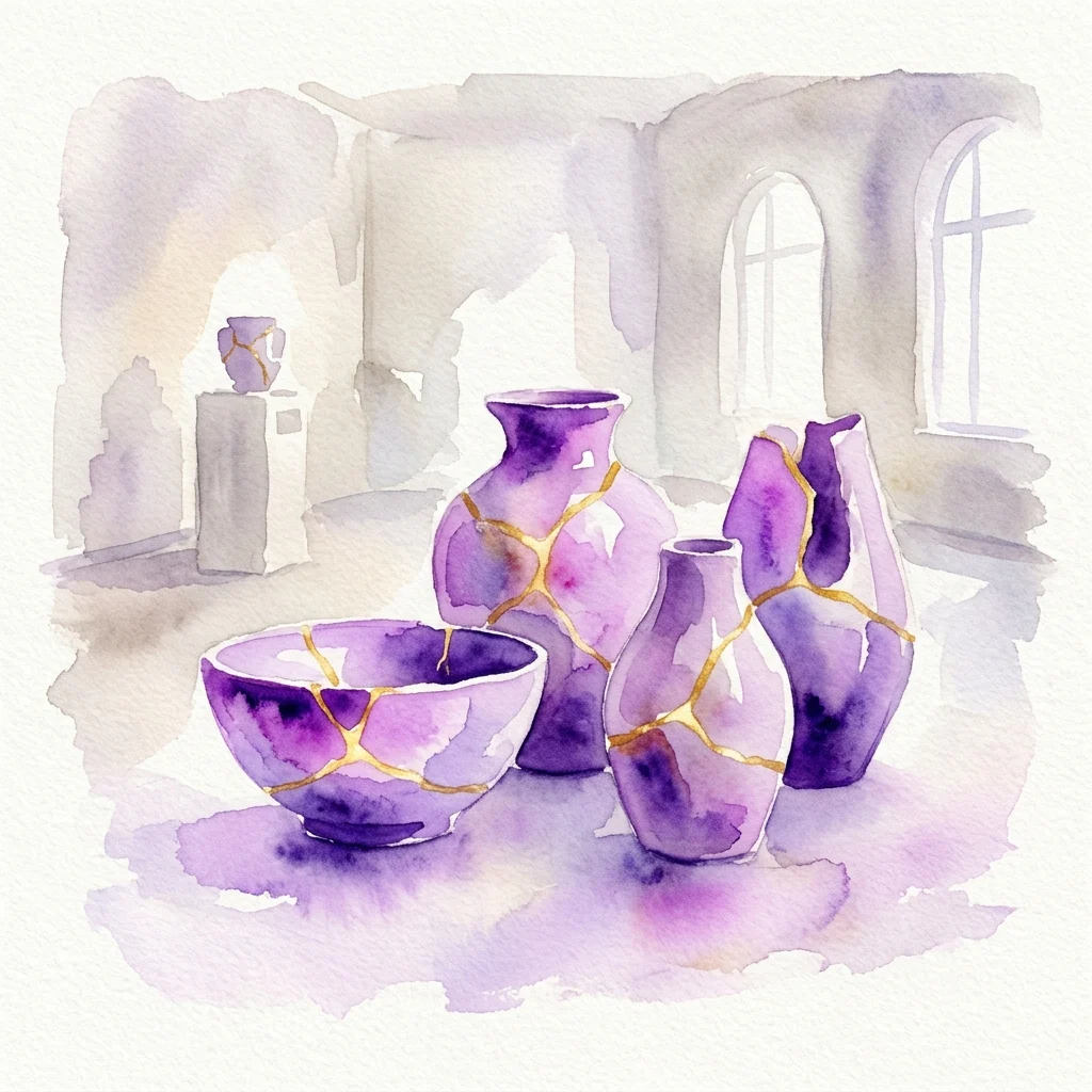 Ilustracja akwarelowa fioletowych ceramicznych naczyń naprawionych złotymi szwami, reprezentująca japońską sztukę Kintsugi, prezentowana w galerii muzealnej przy miękkim oświetleniu.