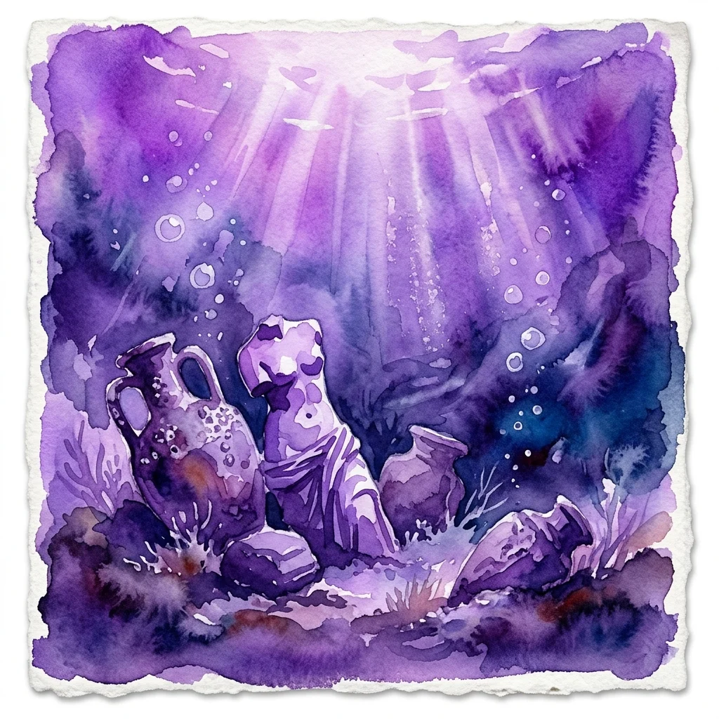 Ilustracja akwarelowa starożytnych artefaktów, w tym amfor i posągu, zanurzonych w głębokowodnych fioletowych wodach oceanu z promieniami światła przesączającymi się z powierzchni.