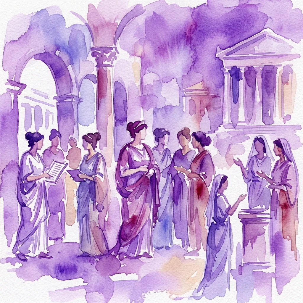 Watercolor illustration of Roman women in togas and stolas gathered in discussion, set against classical Roman architecture with arches and columns, evoking a historical conference on women's roles in ancient Rome.