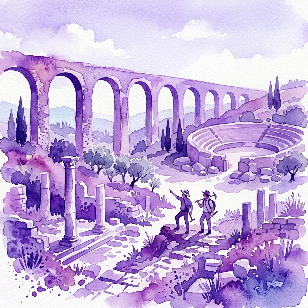 Watercolor illustration of Roman ruins in Lusitania, featuring an aqueduct, amphitheater, and archaeologists exploring ancient stone structures under a clear sky.