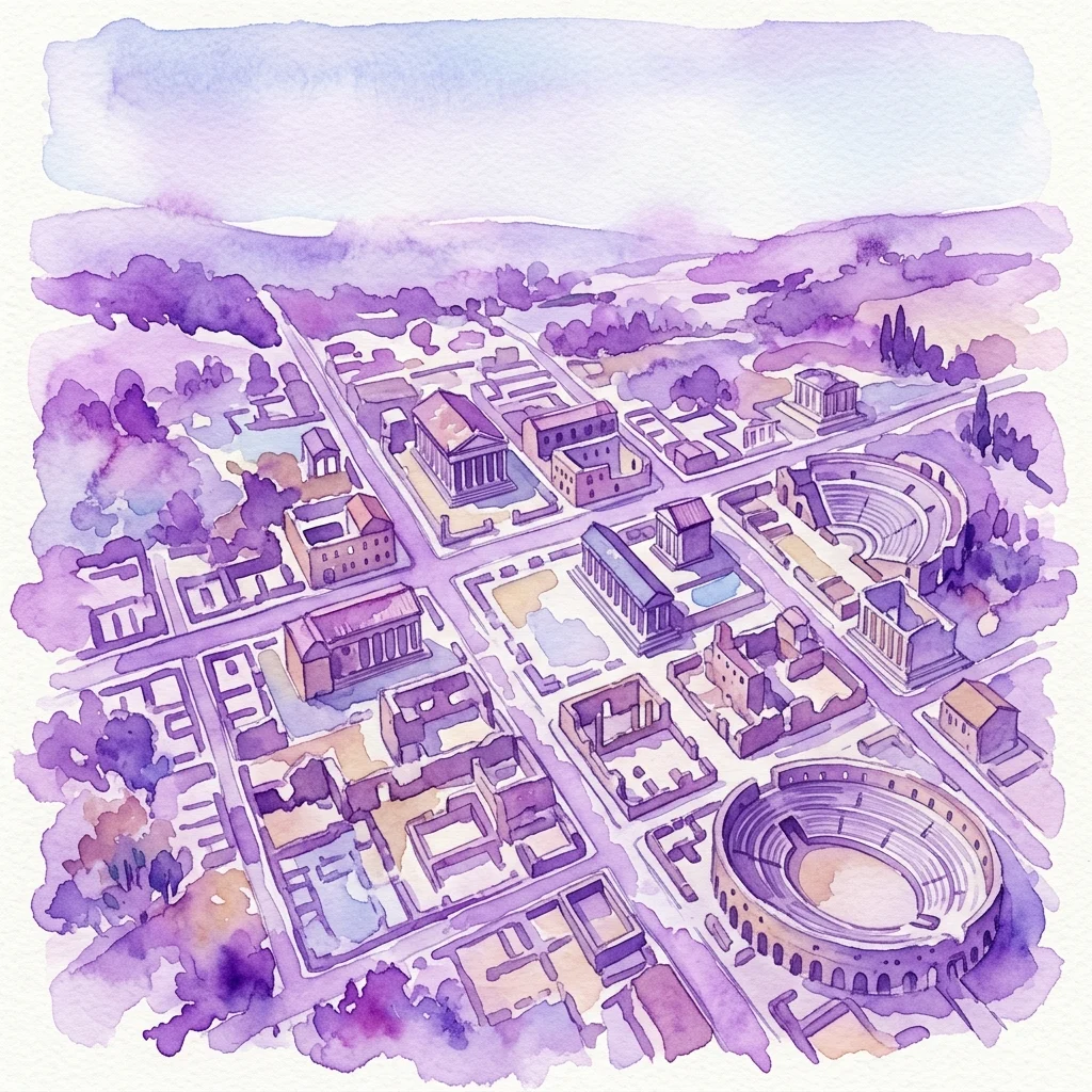 Fioletowo-tonowa ilustracja akwarelowa starożytnych rzymskich ruin miejskich, przedstawiająca centralne forum, świątynie, amfiteatr i brukowane ulice, symbolizująca rzymskie planowanie urbanistyczne w Hispania.