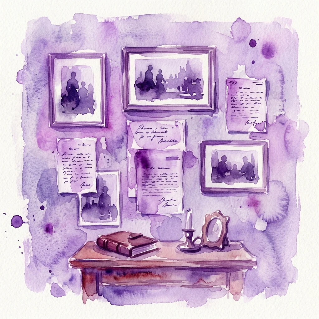 Una ilustración en acuarela de una exhibición de museo que presenta fotografías históricas, cartas escritas a mano y una pequeña mesa con un libro y un candelabro, evocando la vida doméstica del siglo XIX.