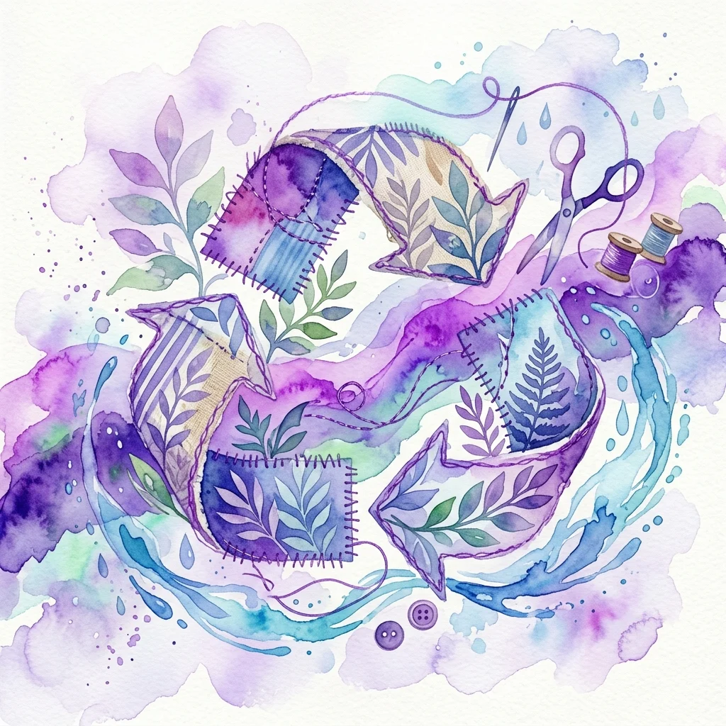 Een aquarelillustratie van een circulair recyclingsymbool gemaakt van stofresten, bladeren en naaigereedschap, die duurzame mode en de circulaire economie vertegenwoordigt.