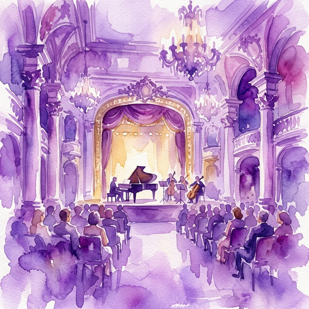 Ilustracja akwarelowa koncertu muzyki klasycznej w ozdobnej sali balowej, przedstawiająca fortepian, instrumenty smyczkowe i publiczność, przywołująca wyrafinowane wydarzenie kulturalne w Palacio de Dos Aguas.
