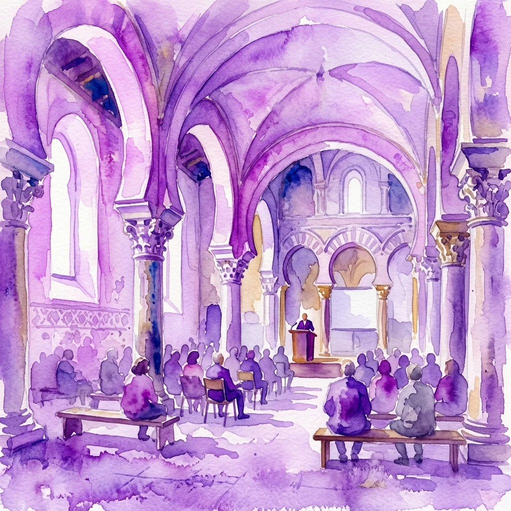 Watercolor illustration of a lecture in a historic Spanish building with arched ceilings and columns, likely the Museo Sefardí, featuring an audience listening to a speaker at a podium.