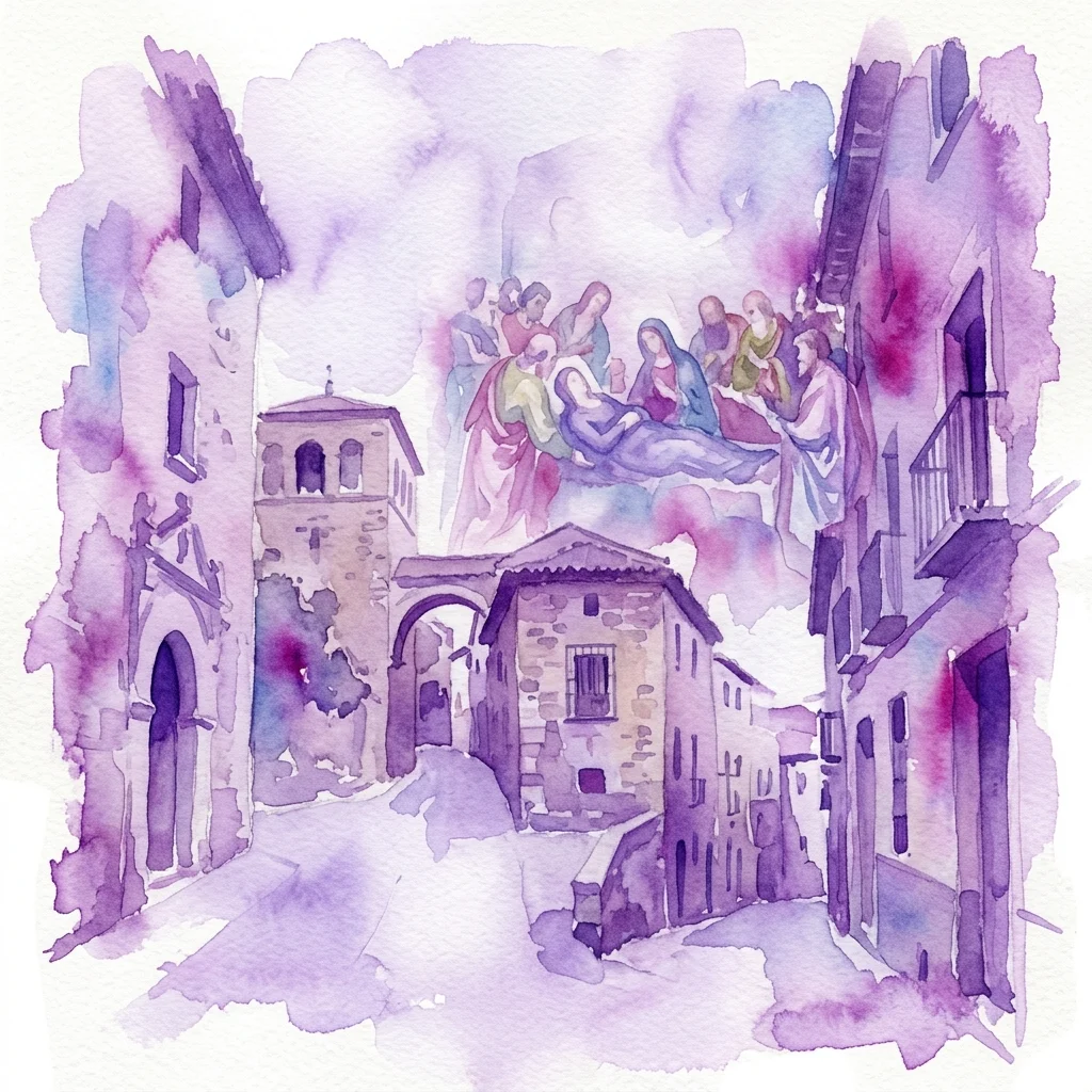 A watercolor illustration of a historic Toledo neighborhood with a depiction of the painting 'El Tránsito de la Virgen' by Juan Correa de Vivar overlaid, connecting art and urban heritage.