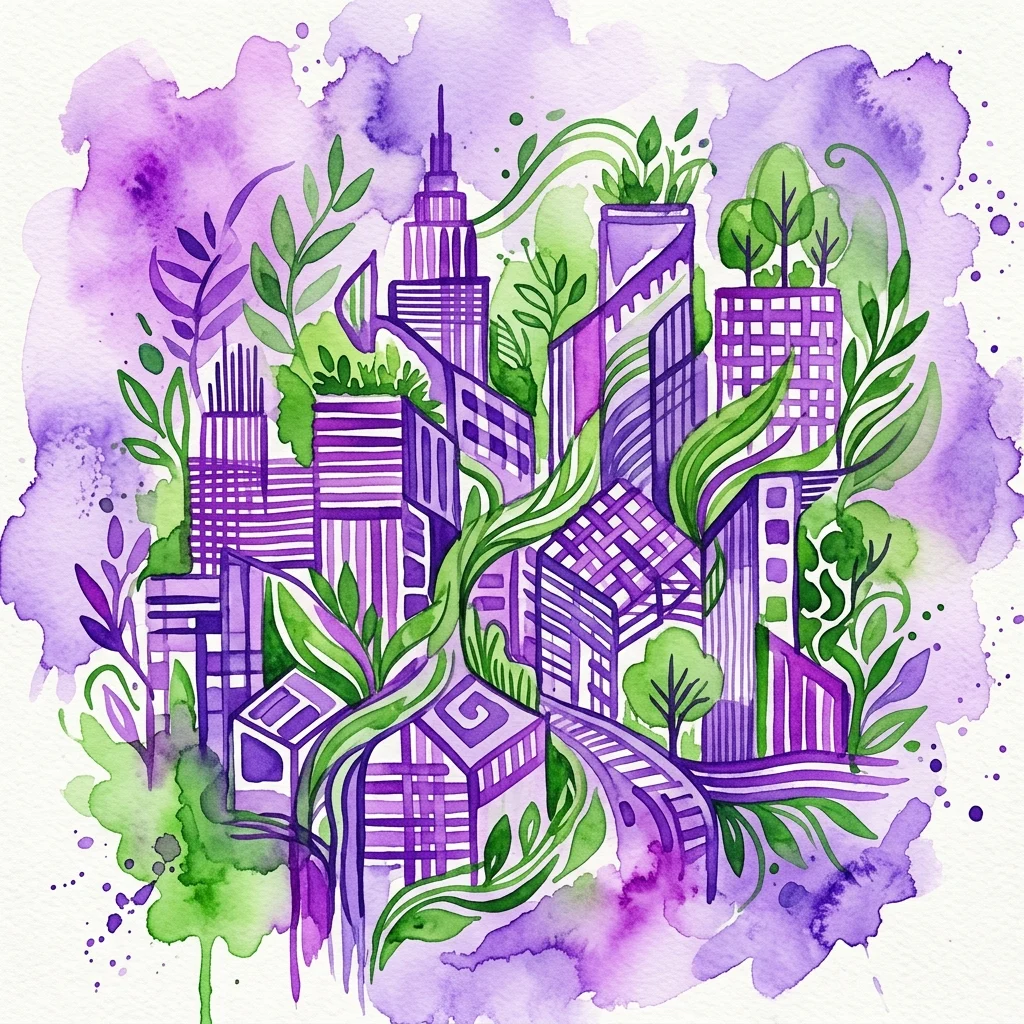 Abstrakcyjna akwarelowa ilustracja zrównoważonego miasta z fioletowymi budynkami i zieloną roślinnością, reprezentująca sztukę tekstylną i tematykę rewitalizacji obszarów miejskich z konferencji Conferencias World Textile Art 2019.