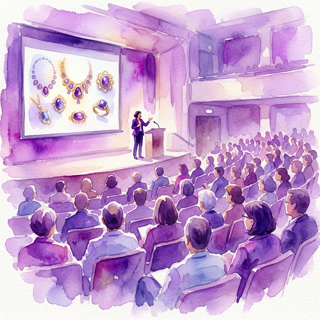Ilustracja akwarelowa sesji konferencyjnej podczas Drugiego Europejskiego Kongresu Jubilerskiego, przedstawiająca prelegenta przy podium z publicznością i ekranem wyświetlającym biżuterię.