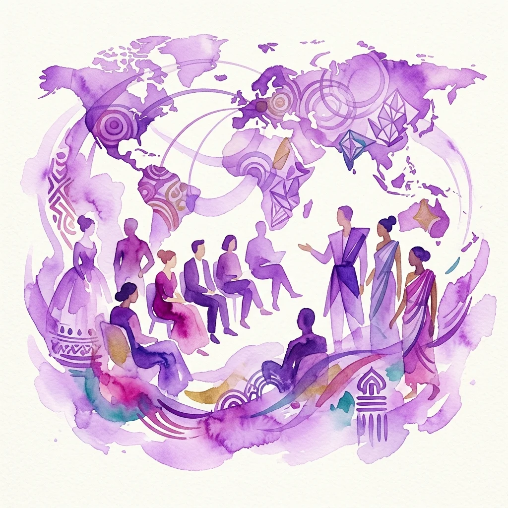 A watercolor illustration of the International Fashion Conference CIM 2008, featuring a global map, diverse attendees in traditional and modern attire, and symbolic elements representing fashion, culture, and innovation.