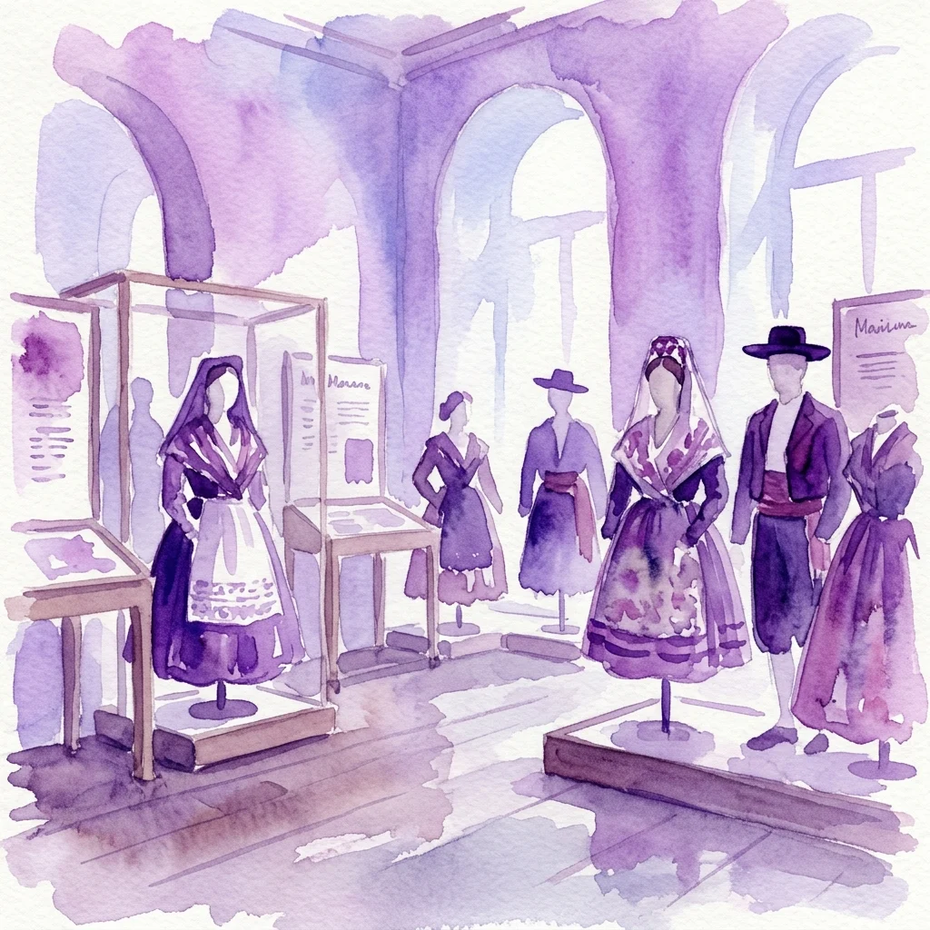 Ilustracja akwarelowa wystawy muzealnej prezentującej tradycyjne hiszpańskie stroje regionalne z 1925 roku, wystawione na manekinach w galerii z fioletowymi łukami i panelami informacyjnymi.
