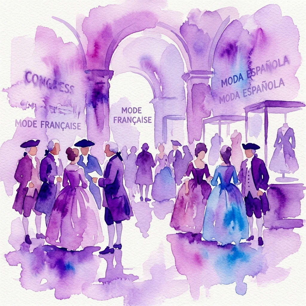 Ilustración en acuarela de un congreso de moda del siglo XVIII con figuras de época, con rótulos 'Mode Française' y 'Moda Española' bajo arcos.