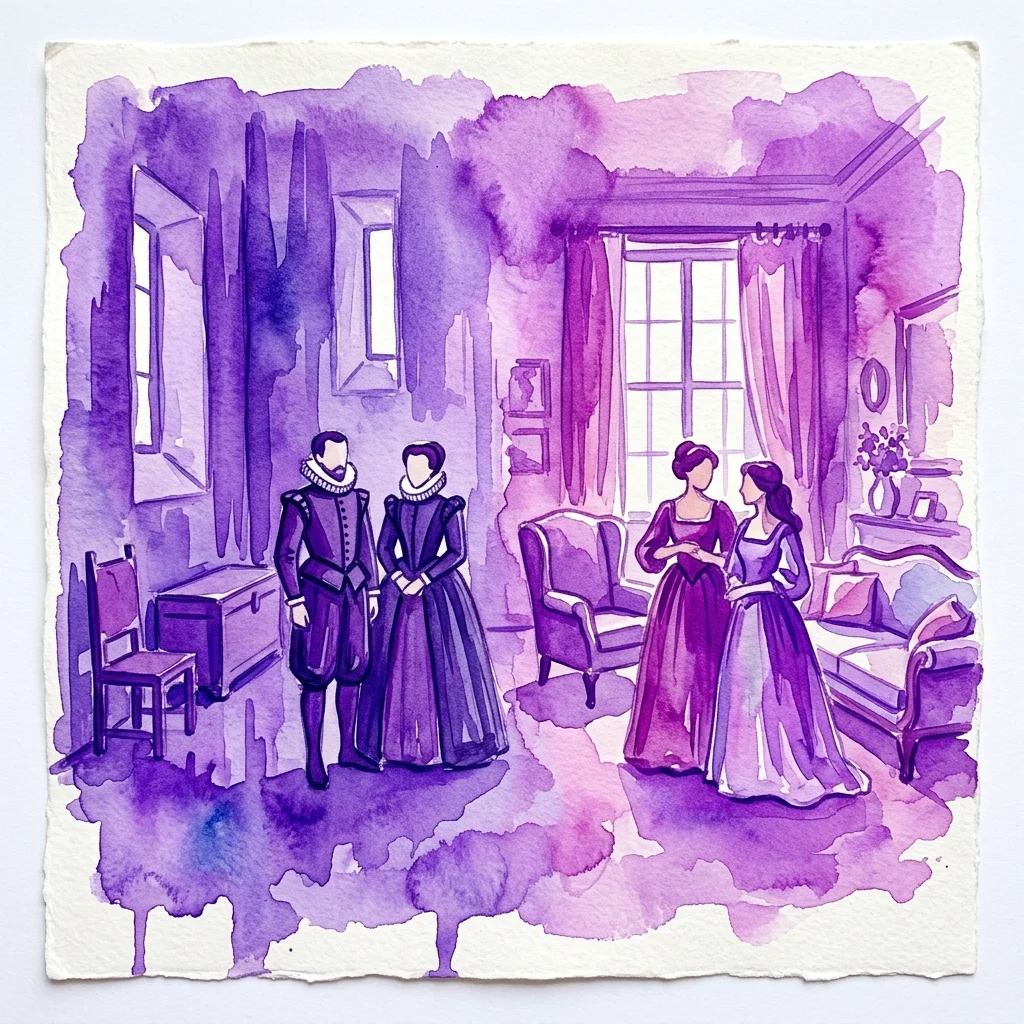 Watercolor illustration contrasting 16th-century formal attire and austere interiors with later periods' more relaxed fashion and comfortable furniture, reflecting societal changes in European cultural heritage.