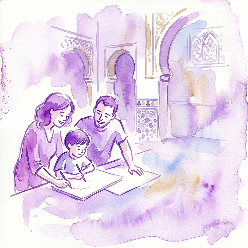 A family drawing together in a museum workshop, with architectural details of the Museo Sefardí visible in the background, illustrating a creative comic-making activity.