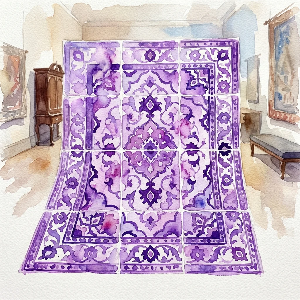 Ilustracja akwarelowa ceramicznych płytek ułożonych jak perski dywan ze skomplikowanymi fioletowymi wzorami, prezentowana w galerii muzealnej z klasycznymi meblami i dziełami sztuki.