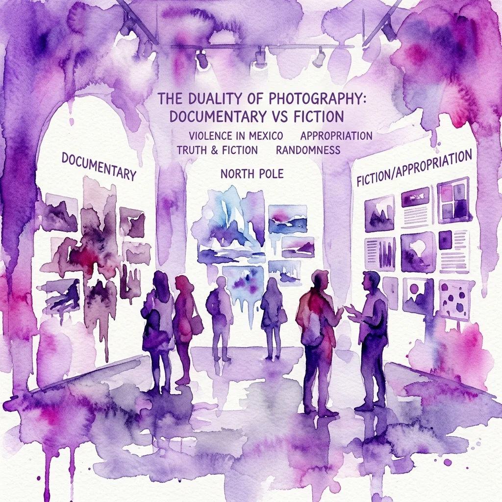 Waterverfillustratie van een kunstgalerie met bezoekers die tentoonstellingen bekijken over de dualiteit van fotografie, met thema's als documentaire versus fictie, geweld in Mexico en de Noordpool.