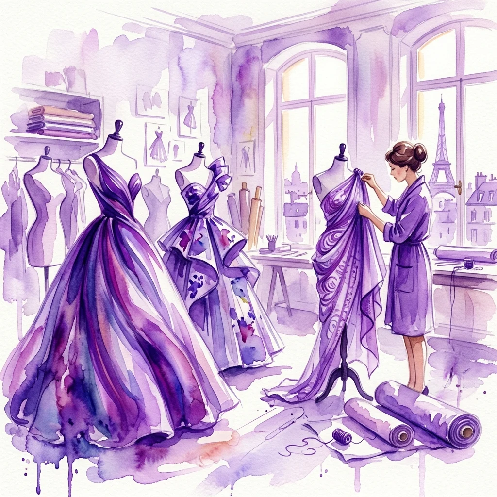 Ilustracja akwarelowa paryskiego warsztatu haute couture z manekinami prezentującymi dramatyczne fioletowe suknie, projektantem układającym tkaninę i wieżą Eiffla widoczną przez okno.
