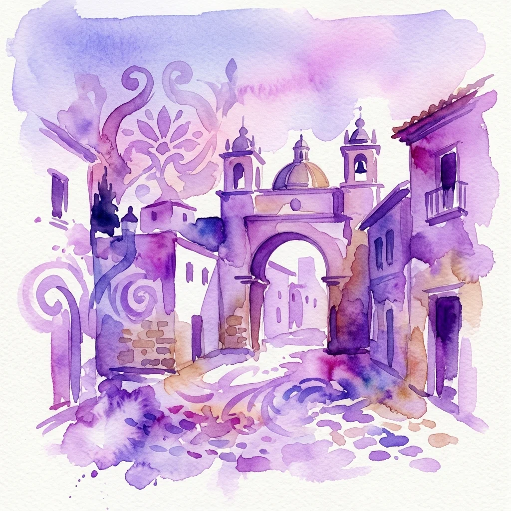 Een aquarelillustratie van historische gebouwen met een paars en roze palet, die een sprookjesachtige scène van de architectuur en culturele overgang van het Museo Sefardí weergeeft.