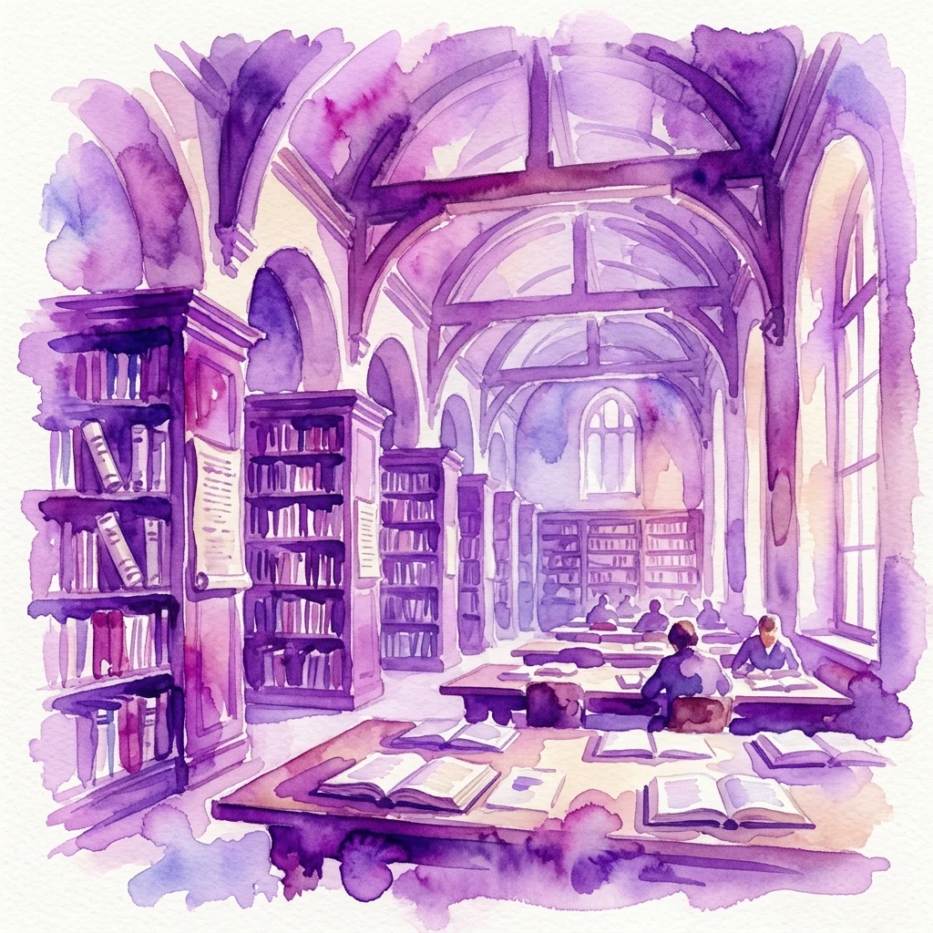 Ilustracja akwarelowa wnętrza zabytkowej biblioteki z łukowymi sufitami, regałami i uczącymi się ludźmi, przywołująca poczucie dziedzictwa kulturowego i nauki.