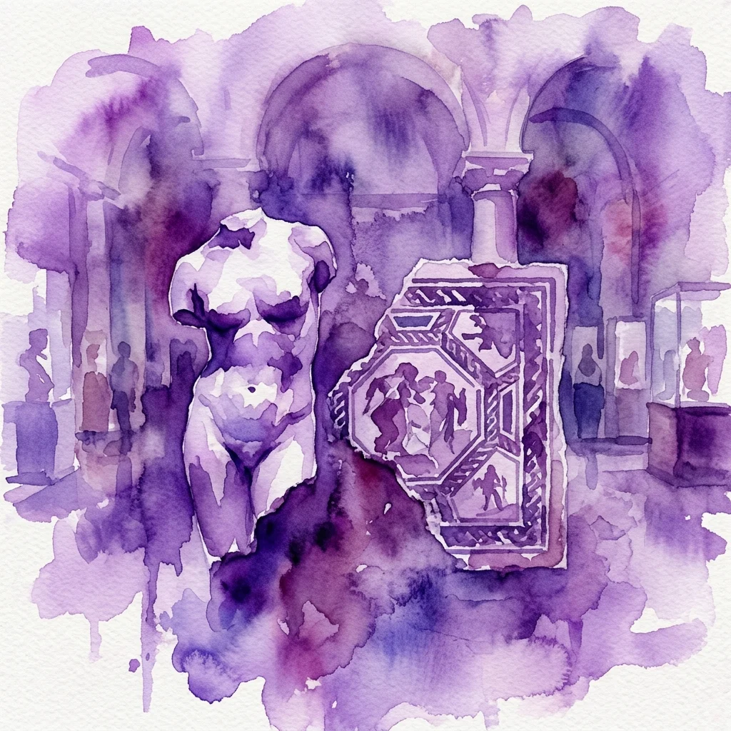 Ilustracja akwarelowa starożytnych rzymskich artefaktów w muzeum, przedstawiająca marmurowy posąg i fragment mozaiki, przywołująca akademickie badania nad historią Rzymu.