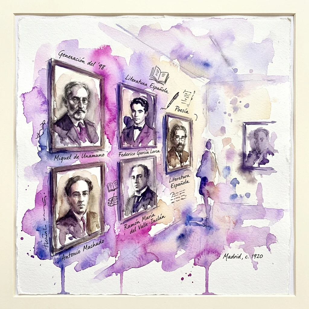Watercolor illustration of a gallery wall featuring portraits of Spanish writers from the Silver Age, including Miguel de Unamuno, Federico García Lorca, Ramón María del Valle-Inclán, and Antonio Machado, with text labels and purple watercolor splashes.