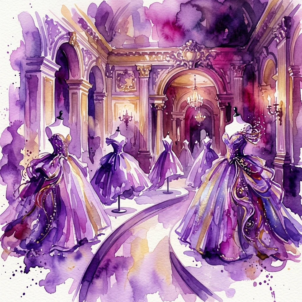 Een aquarelillustratie van een weelderige mode-expositie met uitbundige paarse en gouden japonnen op paspoppen in een grote, sierlijke galerie.
