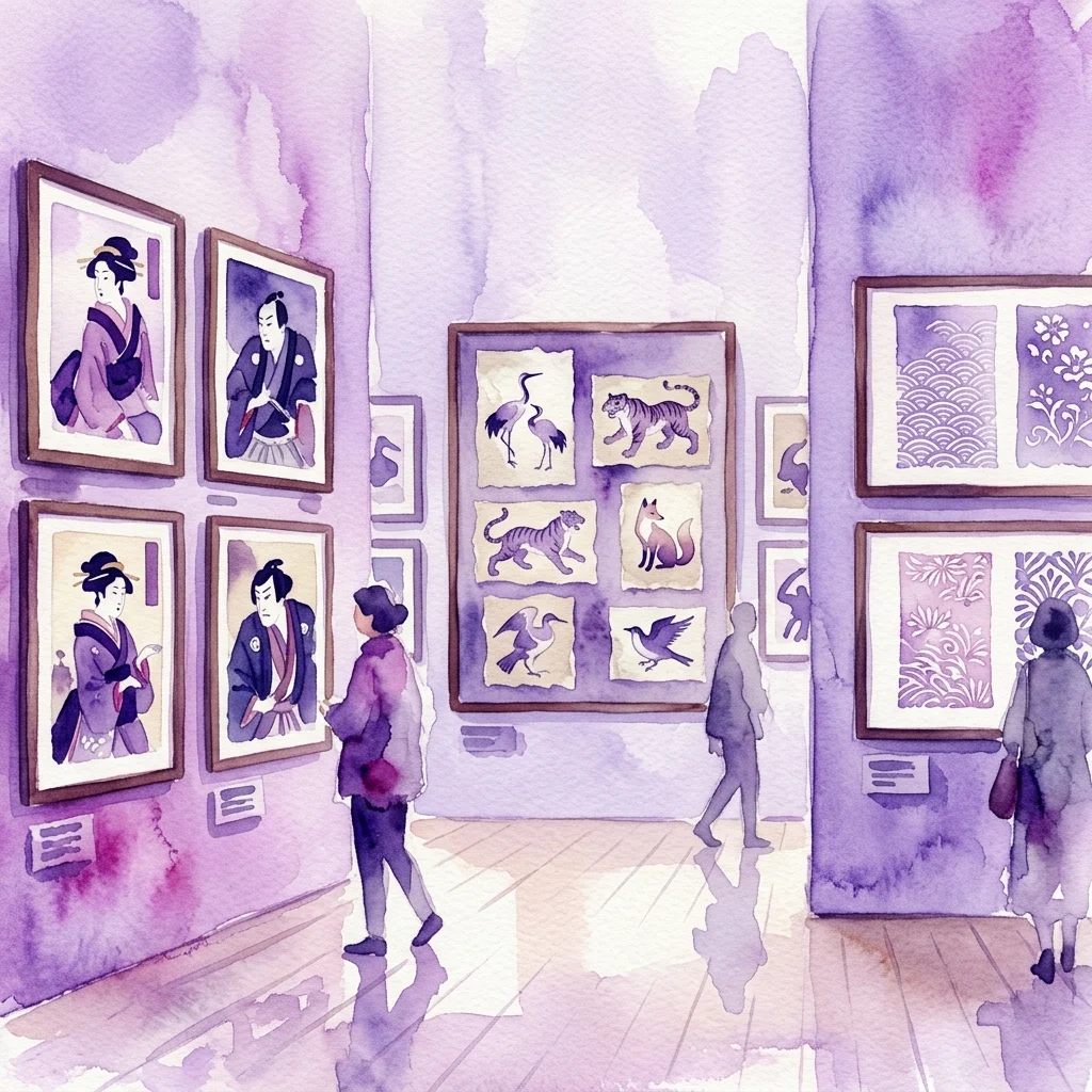 Ilustración en acuarela de una sala de exposiciones con visitantes observando grabados y plantillas japonesas en madera que representan animales y figuras humanas, mostrando arte del período Edo de la colección MNAD.