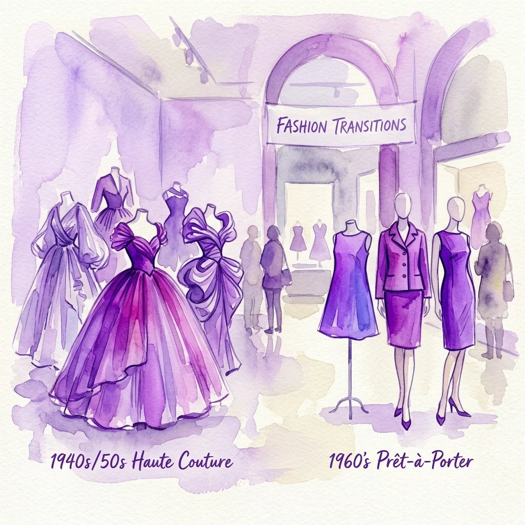 Ilustracja akwarelowa wystawy muzealnej porównującej suknie haute couture z lat 40./50. z ubraniami prêt-à-porter z lat 60., zatytułowana 'Fashion Transitions' pod łukowym wejściem.