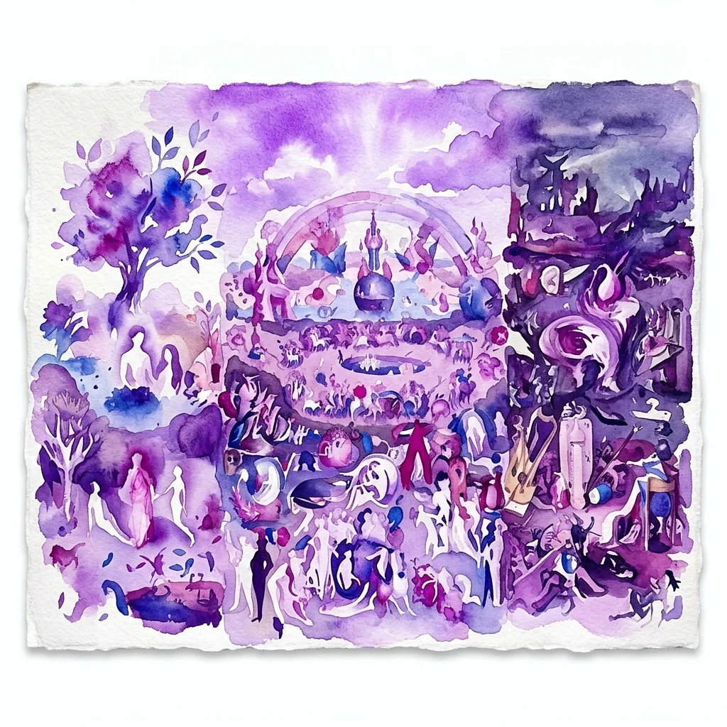 Een aquarel in paarse en blauwe tinten die een surrealistisch landschap afbeeldt met figuren, bomen en fantastische elementen, geïnspireerd door Jheronimus Bosch's 'De tuin der lusten' door Florencio Maíllo.