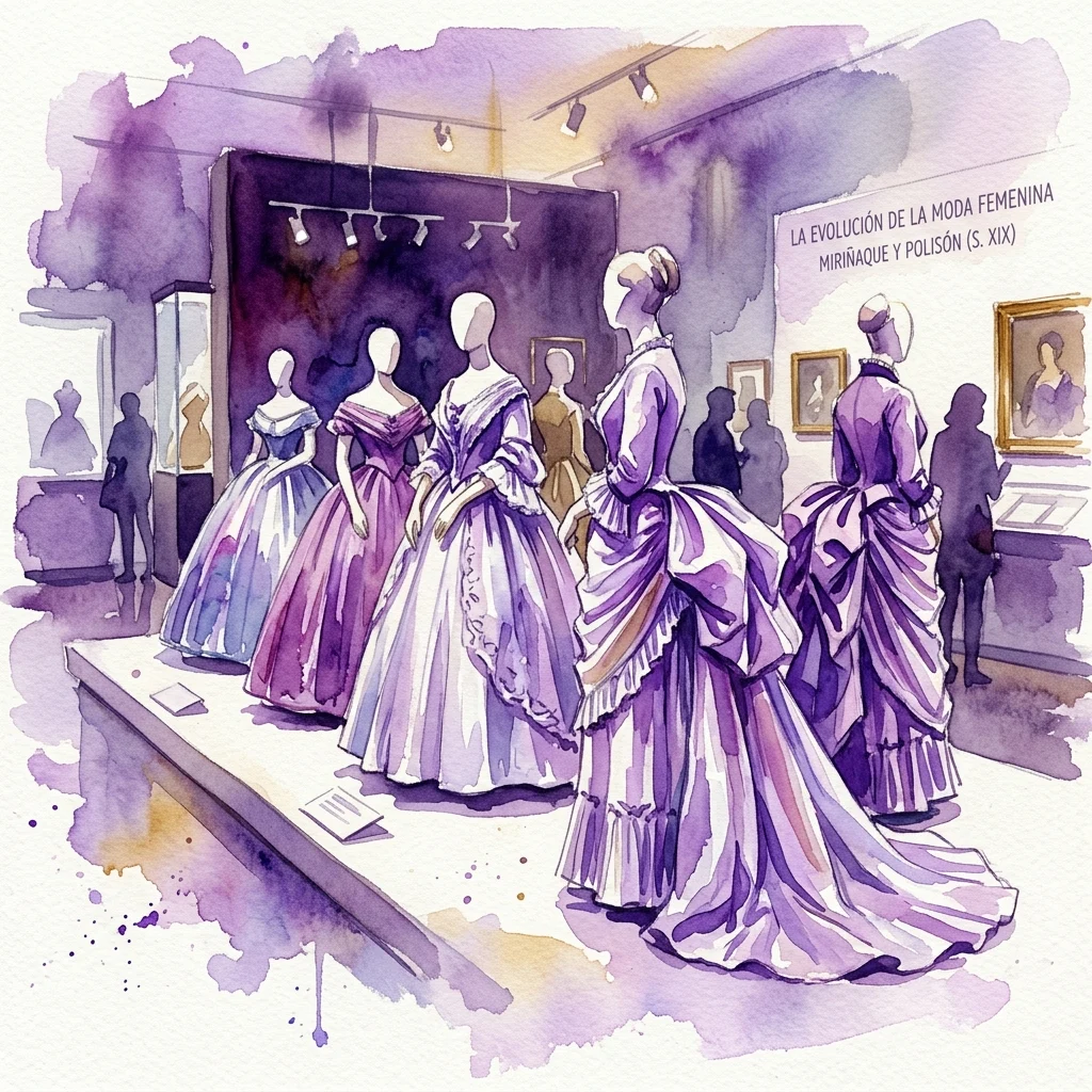Ilustracja akwarelowa wystawy muzealnej prezentującej hiszpańskie suknie damskie z XIX wieku, podkreślająca przejście od krynolin miriñaque do gorsetów polisón, z manekinami w fioletowych i białych sukniach w świetle galerii.