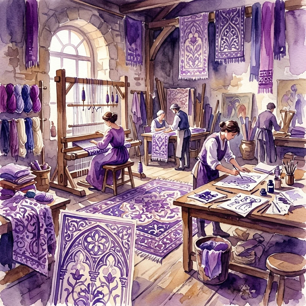 A watercolor illustration of a historical textile workshop with artisans working on looms and sketching designs, featuring purple textiles and intricate patterns in neoclassical, neo-Gothic, and Art Nouveau styles.